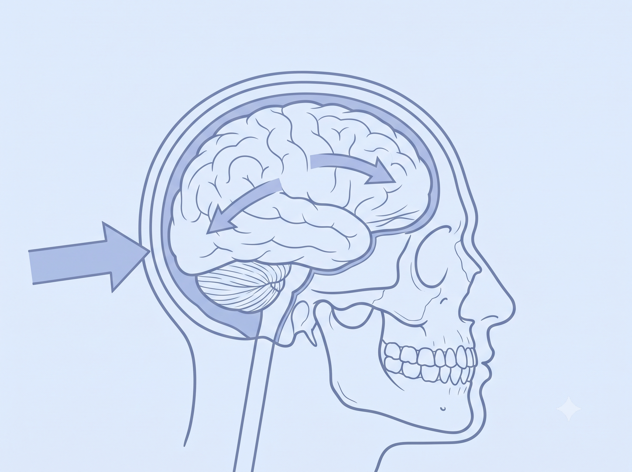 Diagram showing how the brain keeps moving inside the skull when an outside force strikes the head, striking the inside of the skull at the front and then the back