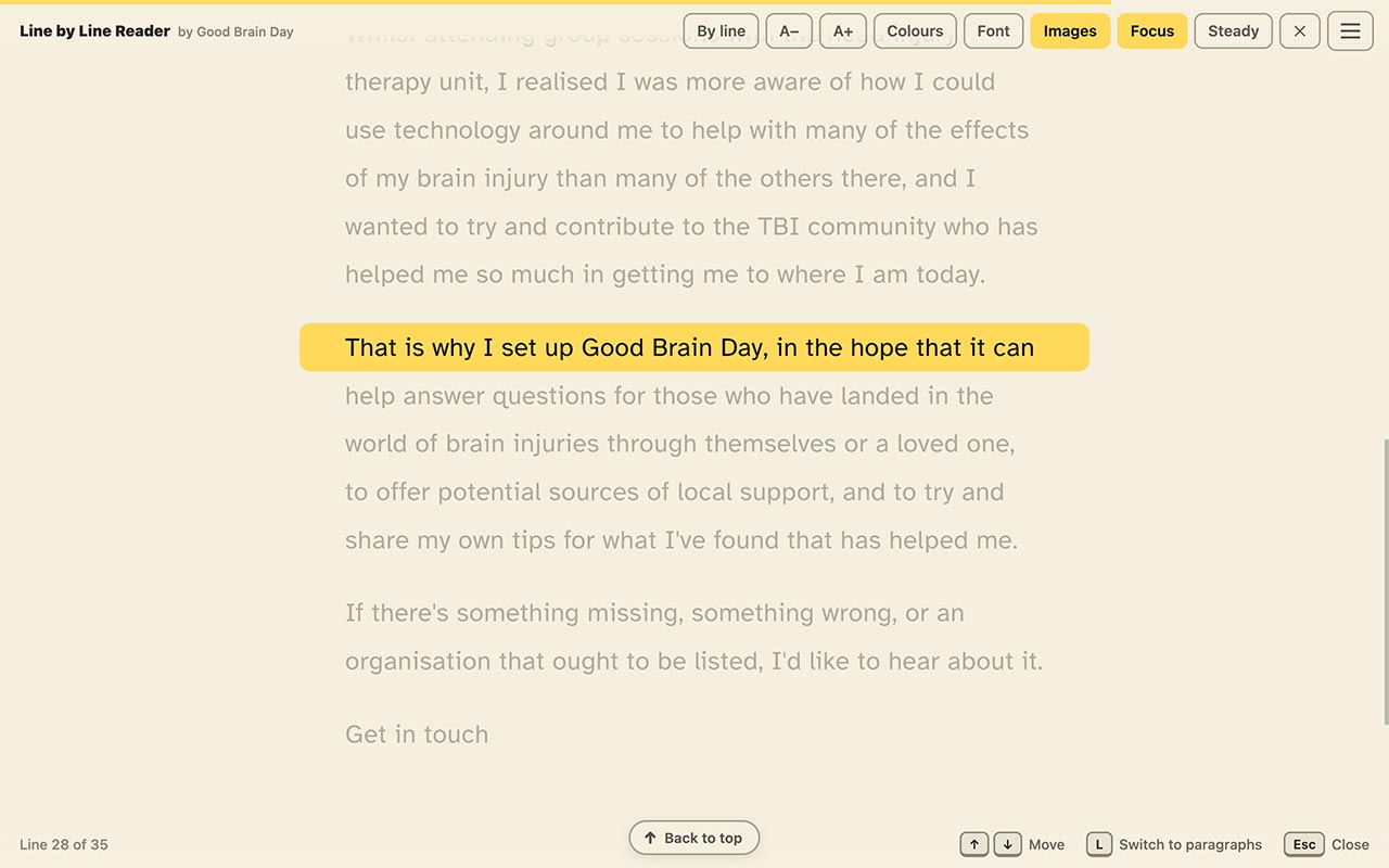 Line by Line Reader highlighting a single paragraph on a web article, with the rest of the page dimmed